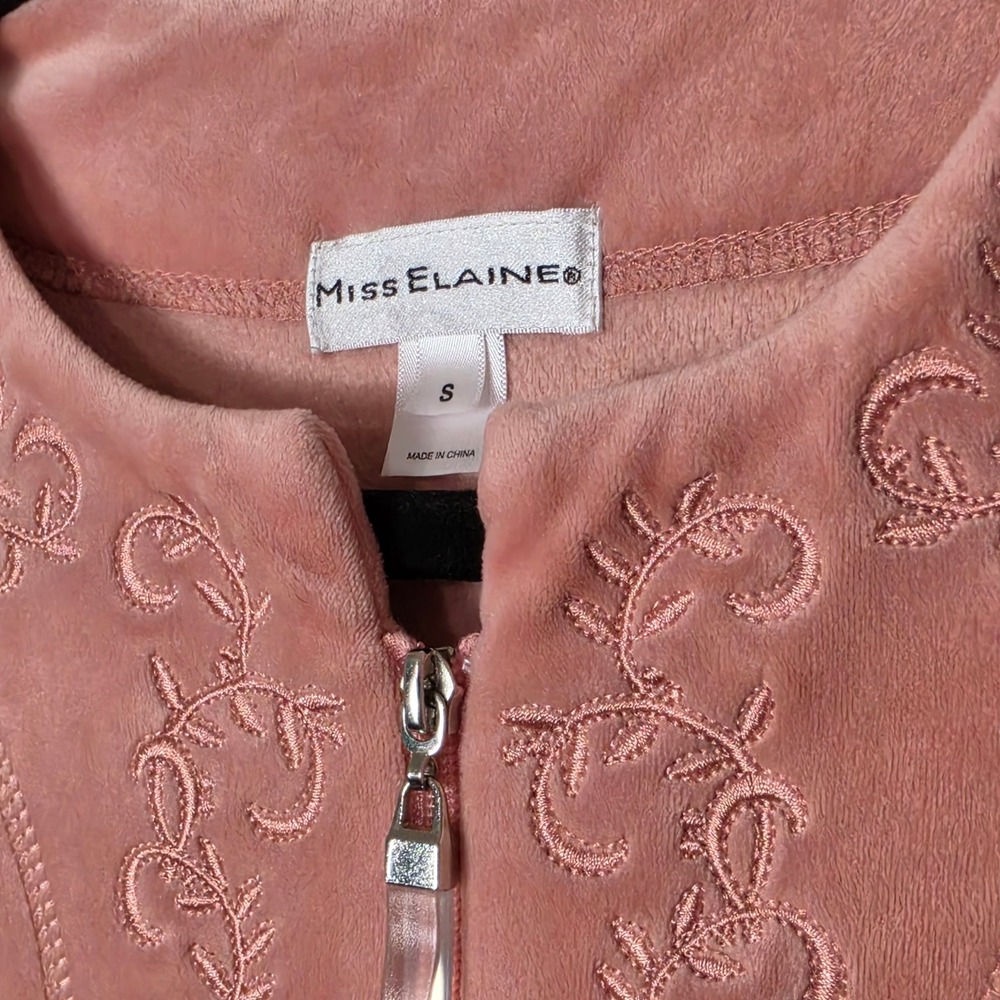 Miss Elaine Robe Velour Pink Embroidered Zip Front Long Loungewear Small - Picture 4 of 8